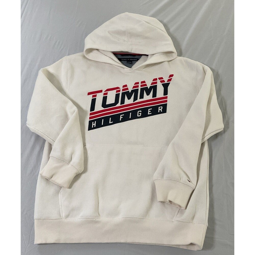 Tommy Hilfiger Boys Long Sleeve pullover white fleece hoodie Size L 16-18